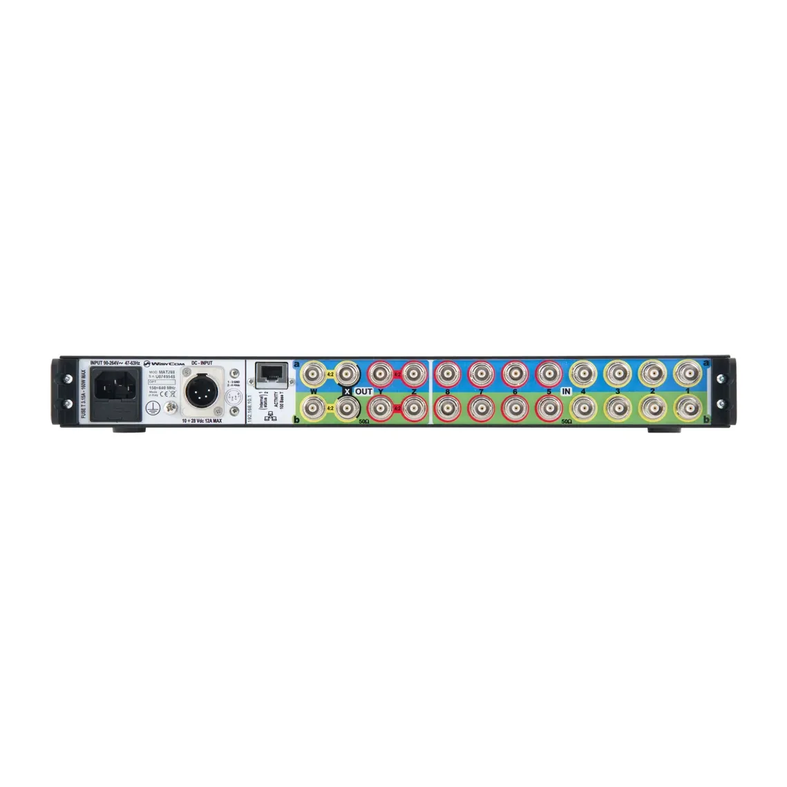 Wisycom MAT288 Wideband Diversity Matrix/Combiner: The MAT288 rear panel with its rows of BNC connectors.