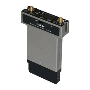 Wisycom MCR54 B12 4-Channel Receiver: The MCR54 slot-in receiver at an angle, antenna connectors on top.