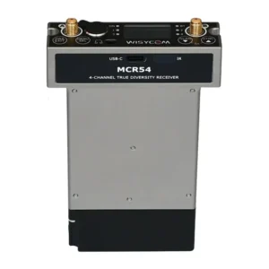 Wisycom MCR54 B12 4-Channel Receiver: The MCR54 from the front, label facing.