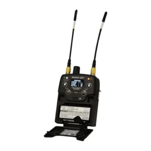 Wisycom MPR50-IEM Wideband IEM Receiver: The MPR50-IEM bodypack with two whip antennas and its battery door open.