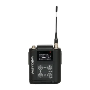 Wisycom MTP60 Multiband Bodypack Transmitter: The MTP60 bodypack from the front, display and buttons, antenna up.