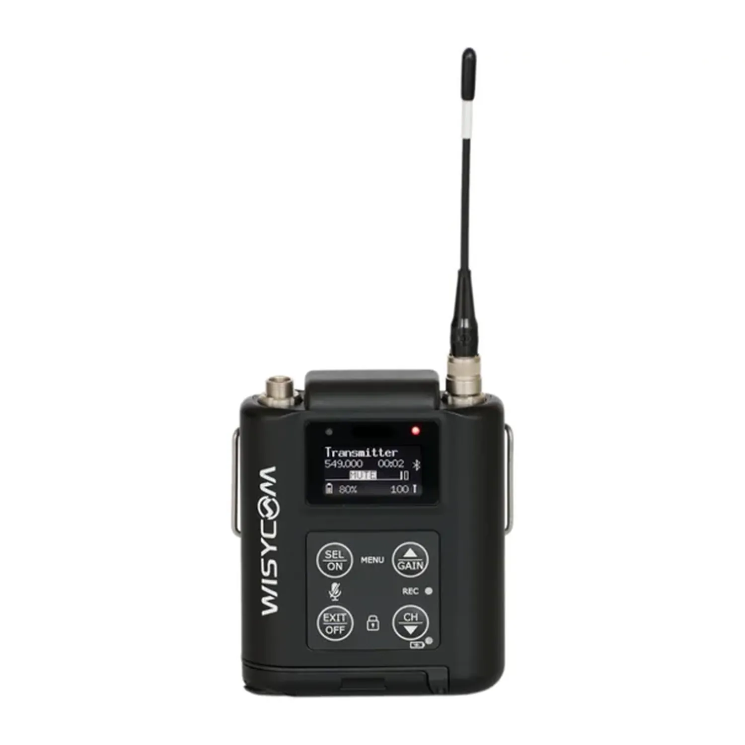 Wisycom MTP60 Multiband Bodypack Transmitter: The MTP60 bodypack from the front, display and buttons, antenna up.