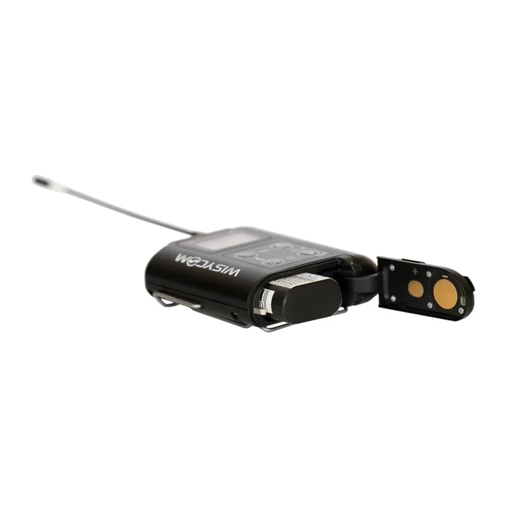 Wisycom MTP60 Multiband Bodypack Transmitter: The MTP60 with its battery door open and the MPRLBP pack.