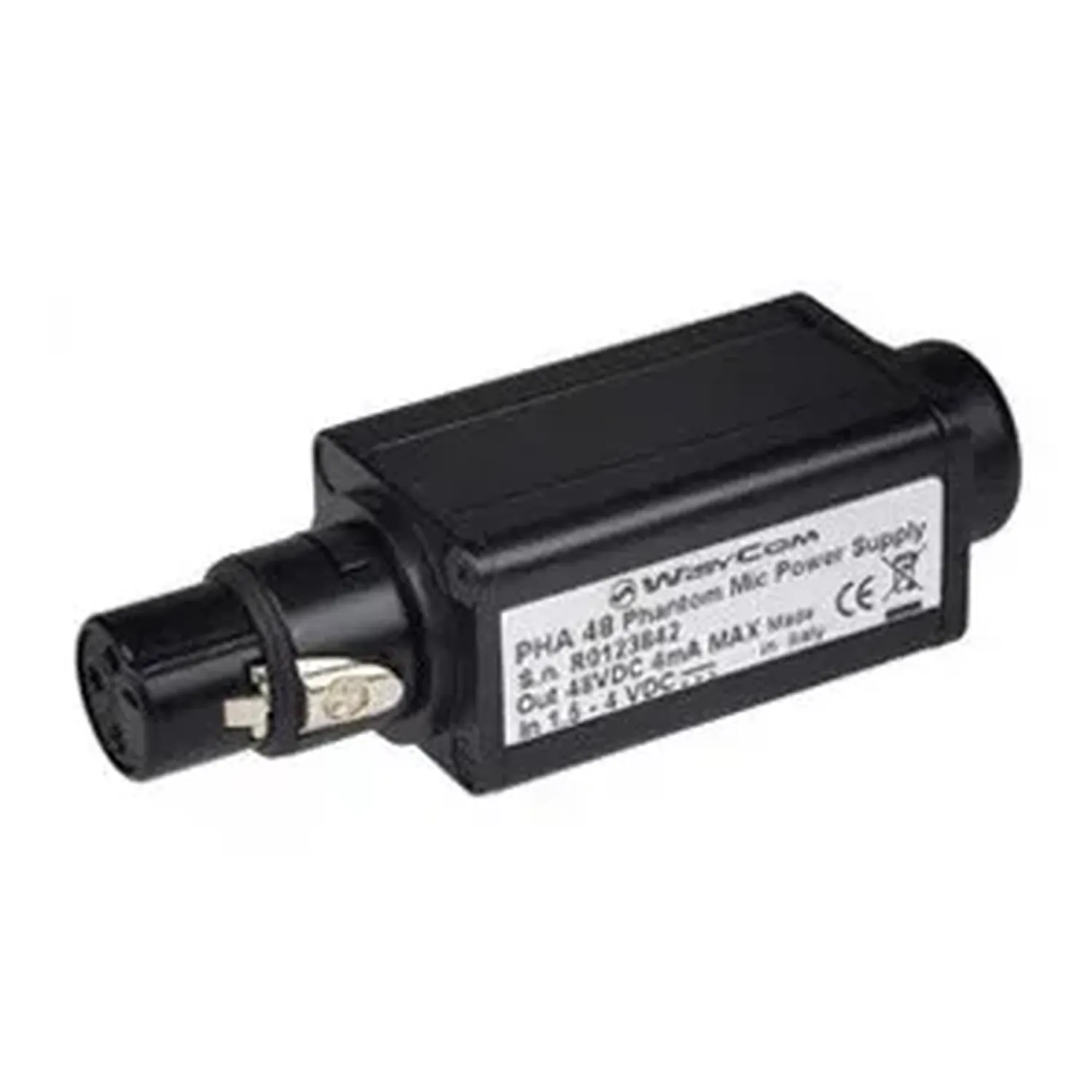 Wisycom PHA48 Plug-on for XLR3 Mic: The PHA48 plug-on phantom power adapter.