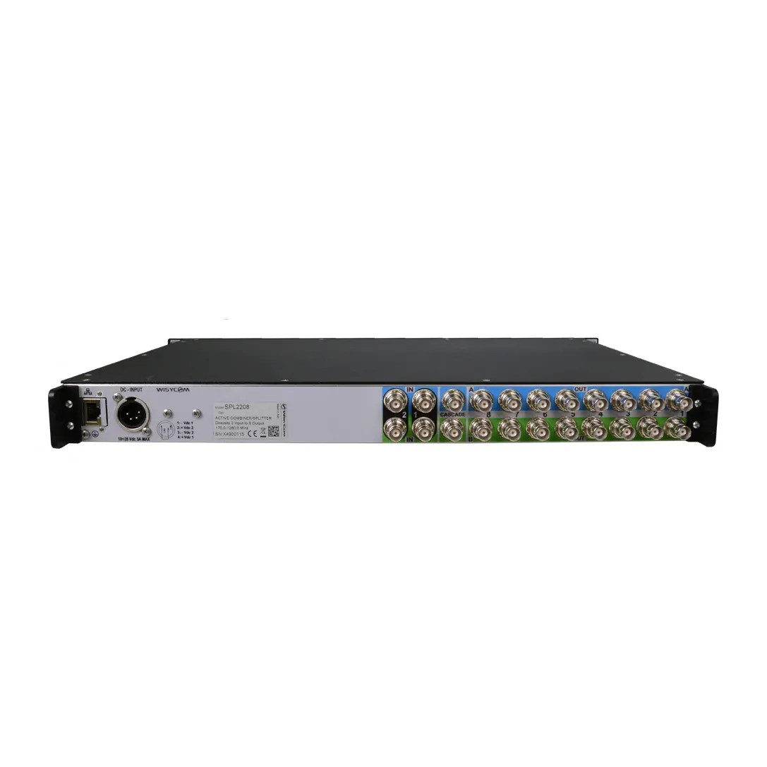 Wisycom SPL2216/SPL2208 Wideband Active Antenna Combiner: The SPL2208 rear panel with its 8 + 8 BNC outputs.