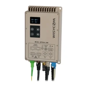 Wisycom BFLR2 Module: The BFL-R2 module front panel with display, buttons, and cables.