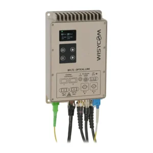 Wisycom BFLT2 Module: The BFL-T2 module front panel with display, buttons, and fiber and RF cables.