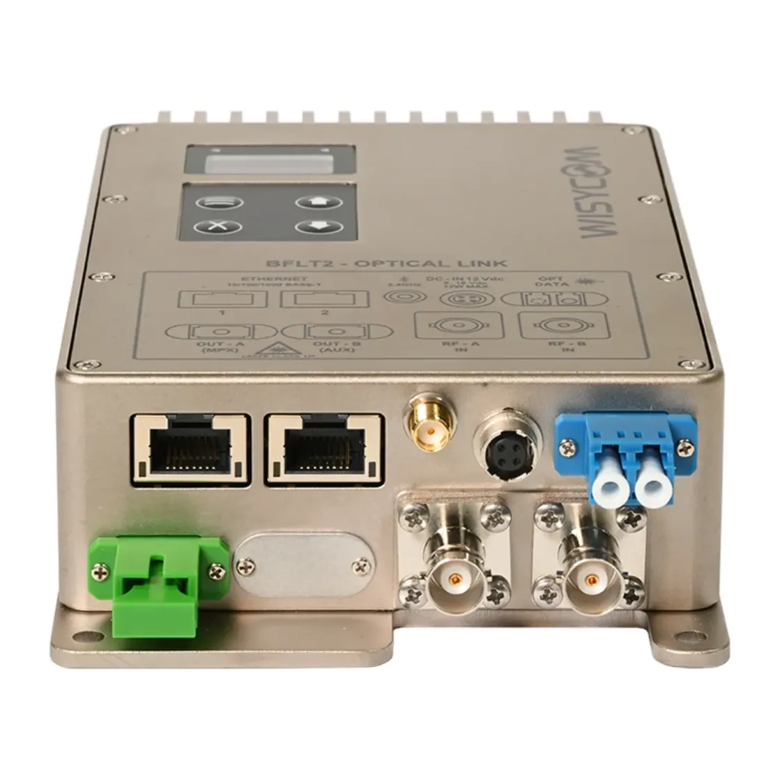 Wisycom BFLT2 Module: The BFL-T2 connector side: Ethernet, BNC, power, and optical ports.