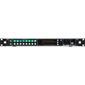 Wisycom MAT244 Wideband Diversity Matrix/Combiner: The MAT244 rack unit front panel with its display and area LEDs.