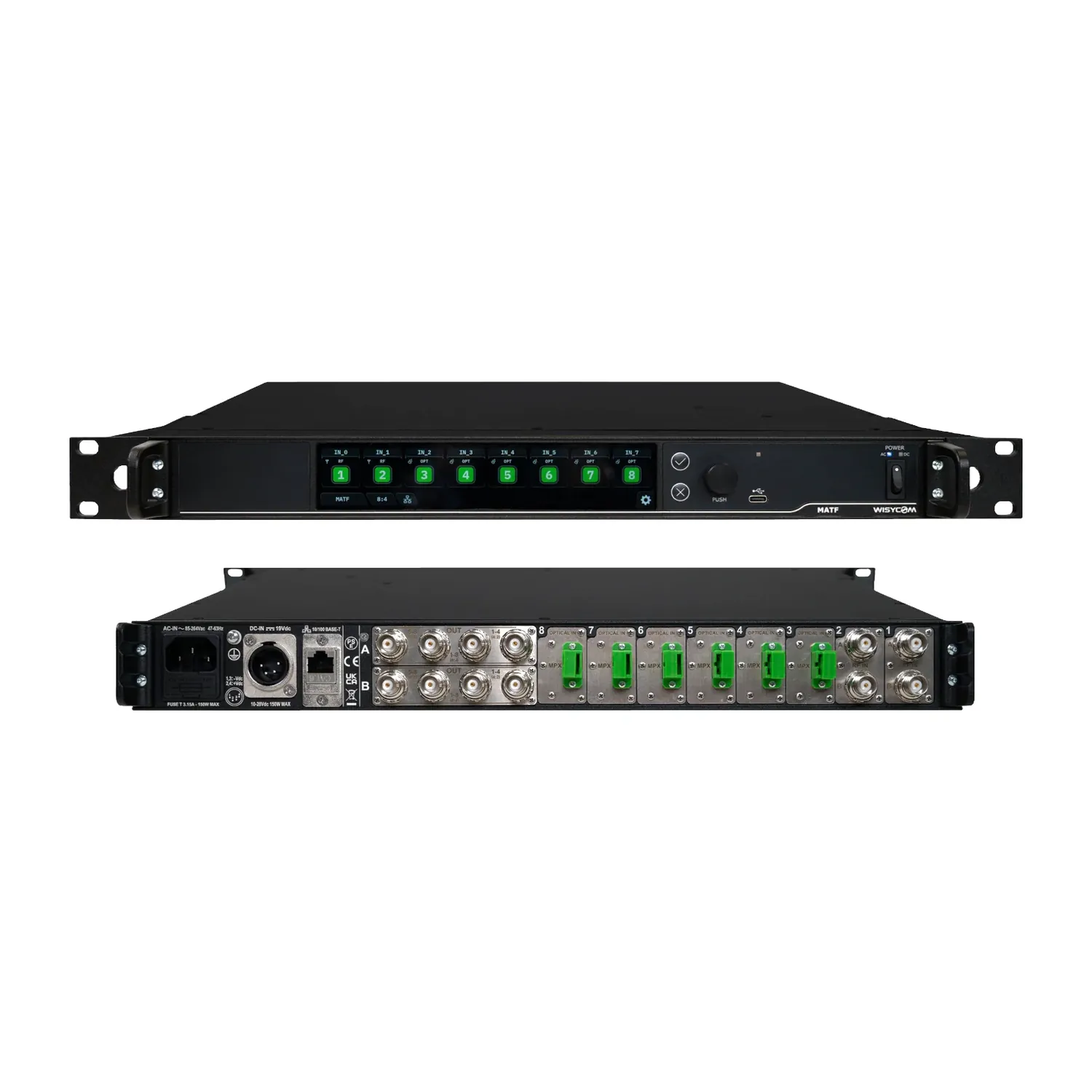 Wisycom MATF Antenna Matrix/Combiner: The MATF rack unit, front panel above and rear panel below.