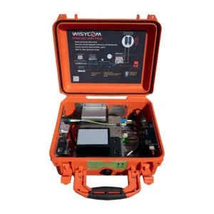 Wisycom PFL-T2 Portable RF Over Fiber Box: The PFL box open, showing the fiber module, panel, and V-Lock plate.