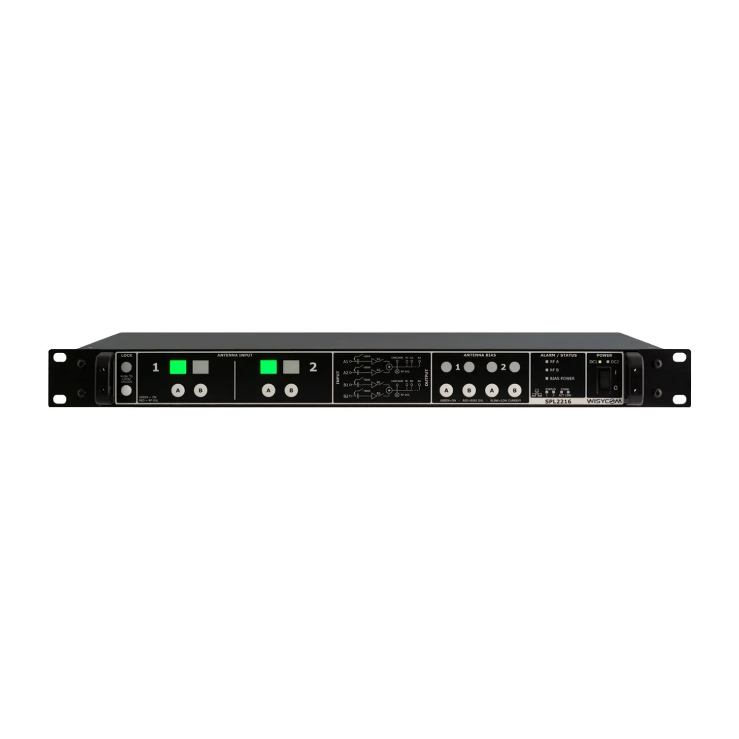 Wisycom SPL2216/SPL2208 Wideband Active Antenna Combiner: The SPL2216 rack unit front panel.