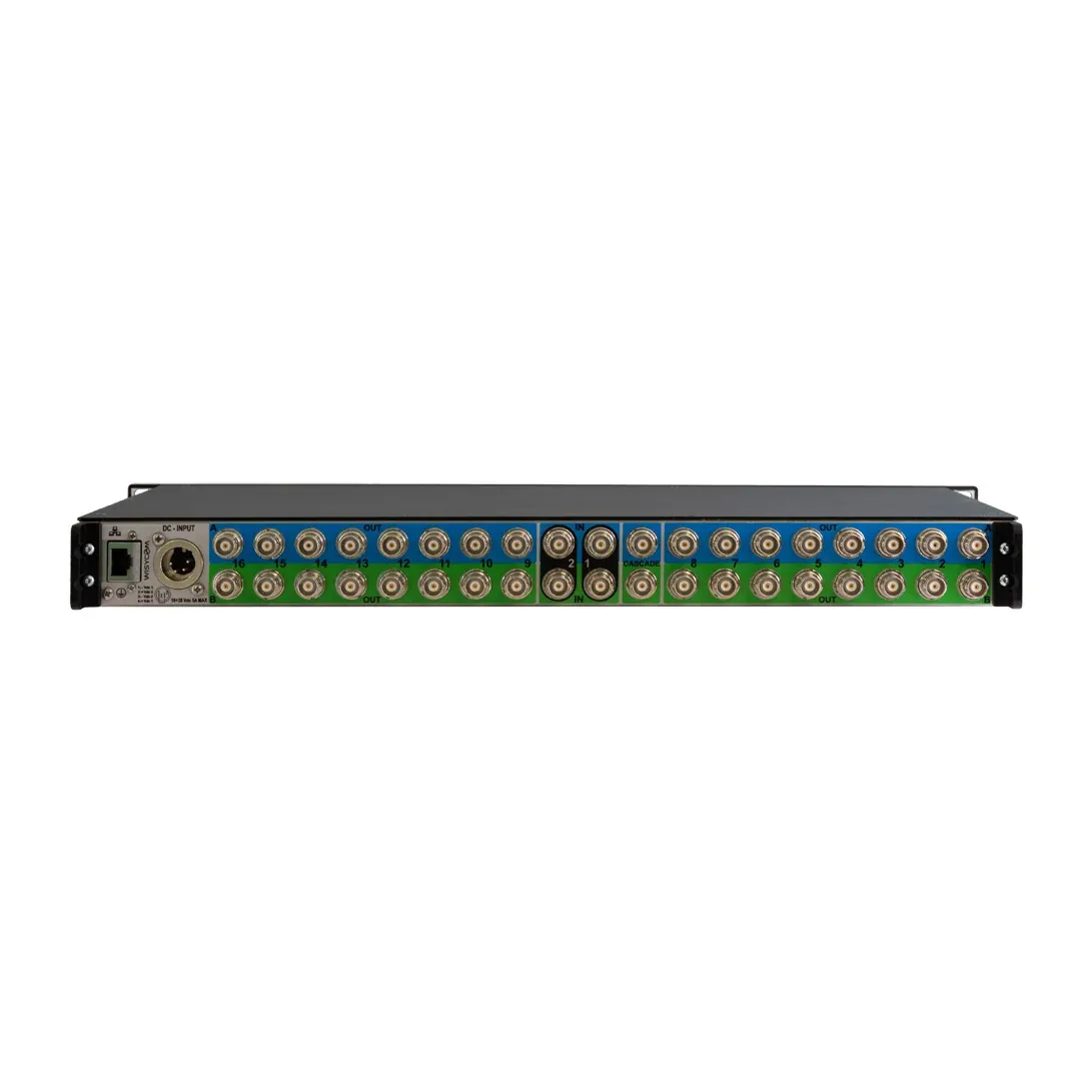 Wisycom SPL2216/SPL2208 Wideband Active Antenna Combiner: The SPL2216 rear panel with its rows of BNC connectors.