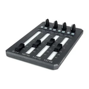 Zaxcom Aria-4 Extension Panel: The Aria-4 at an angle, with its four faders and rotary encoders.