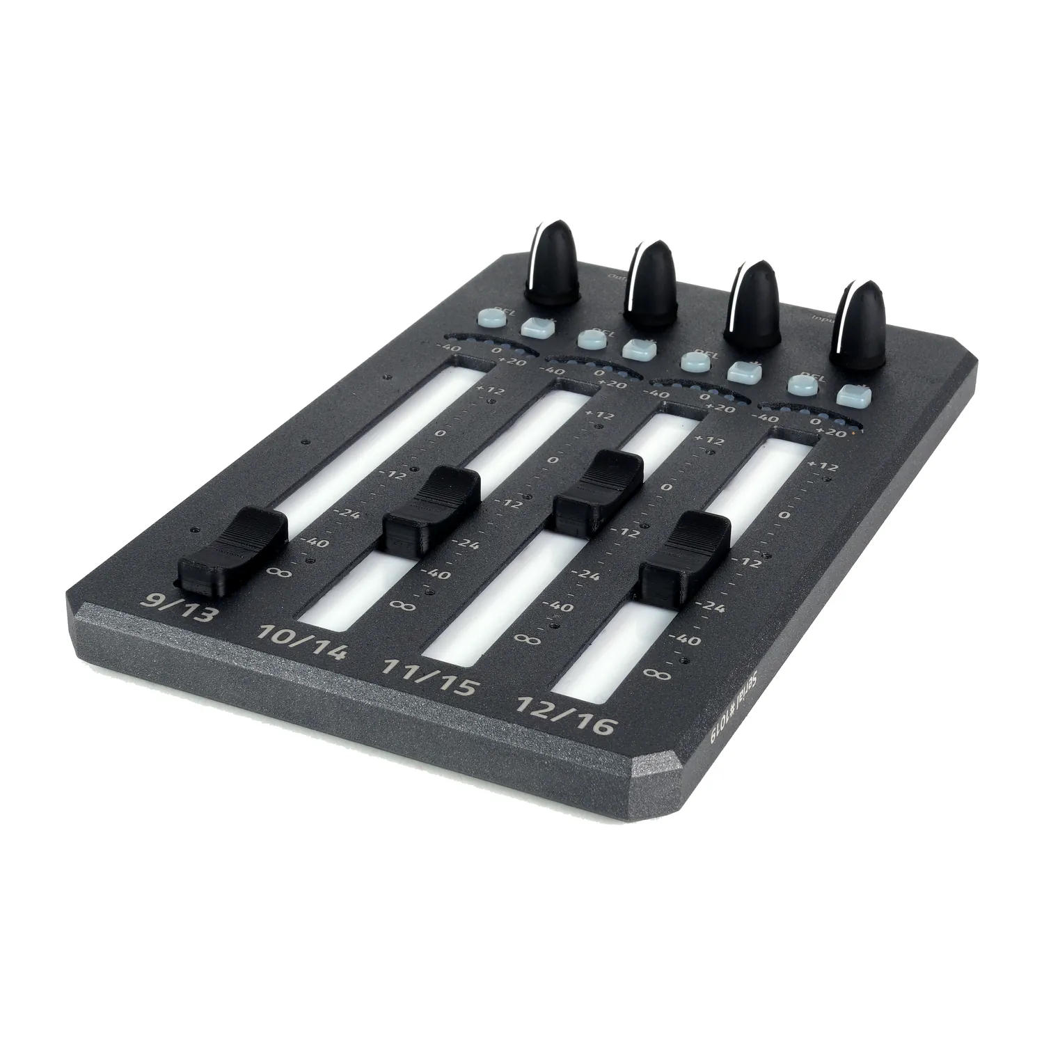 Zaxcom Aria-4 Extension Panel: The Aria-4 at an angle, with its four faders and rotary encoders.