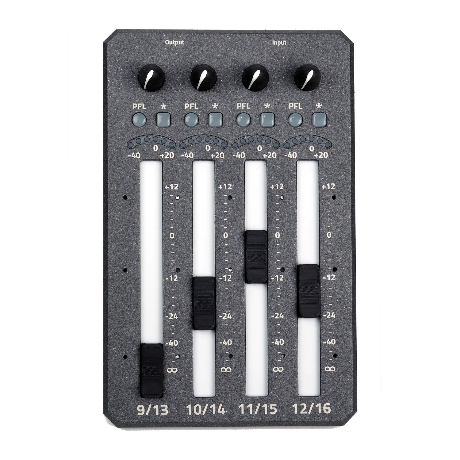 Zaxcom Aria-4 Extension Panel: The Aria-4 from above, with its four faders, meters, and encoders.