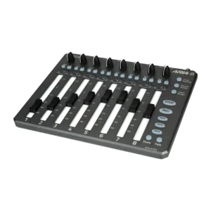 Zaxcom Aria-8 Mixing Panel: The Aria-8 at an angle, with its eight faders, rotary encoders, and keys.