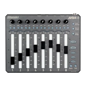 Zaxcom Aria-8 Mixing Panel: The Aria-8 from above, with its eight faders, encoders, and channel keys.