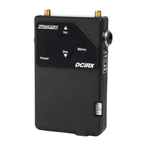 Zaxcom DCiRX Digital UHF Receiver: The DCiRX from the front, with its Power, Menu, Inc, and Dec buttons and two antenna connectors on top.