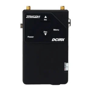 Zaxcom DCiRX Digital UHF Receiver: The DCiRX at an angle from the front, with its label on the side.