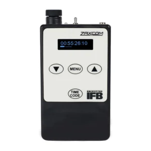 Zaxcom ERX3TCD Encrypted Digital IFB Receiver: The ERX3TCD from the front, with its timecode display and menu buttons.