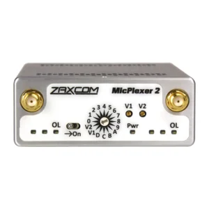 Zaxcom MicPlexer 2 Antenna Distribution Amplifier: The MicPlexer 2 front panel, with its two antenna inputs, block selector dials, and overload LEDs.