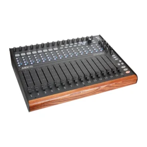 Zaxcom Mix-16 Control Surface: The Mix-16 at an angle, with its 16 faders, trims, keys, and wood end trim.