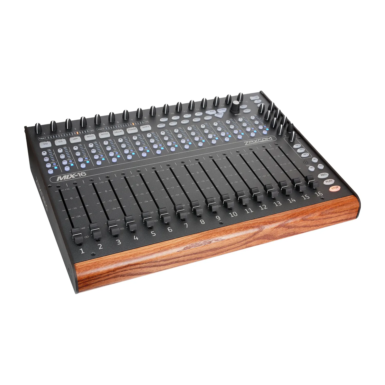 Zaxcom Mix-16 Control Surface: The Mix-16 at an angle, with its 16 faders, trims, keys, and wood end trim.