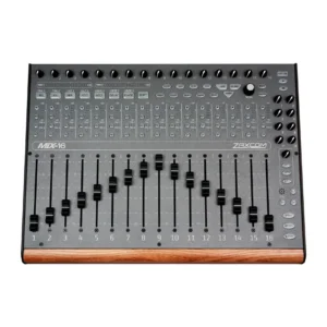 Zaxcom Mix-16 Control Surface: The Mix-16 from above, with its faders, meters, and keys.