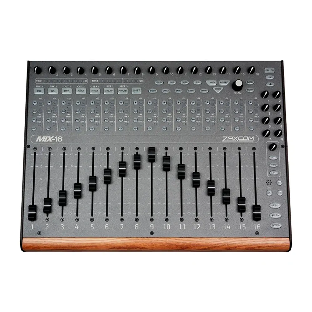 Zaxcom Mix-16 Control Surface: The Mix-16 from above, with its faders, meters, and keys.