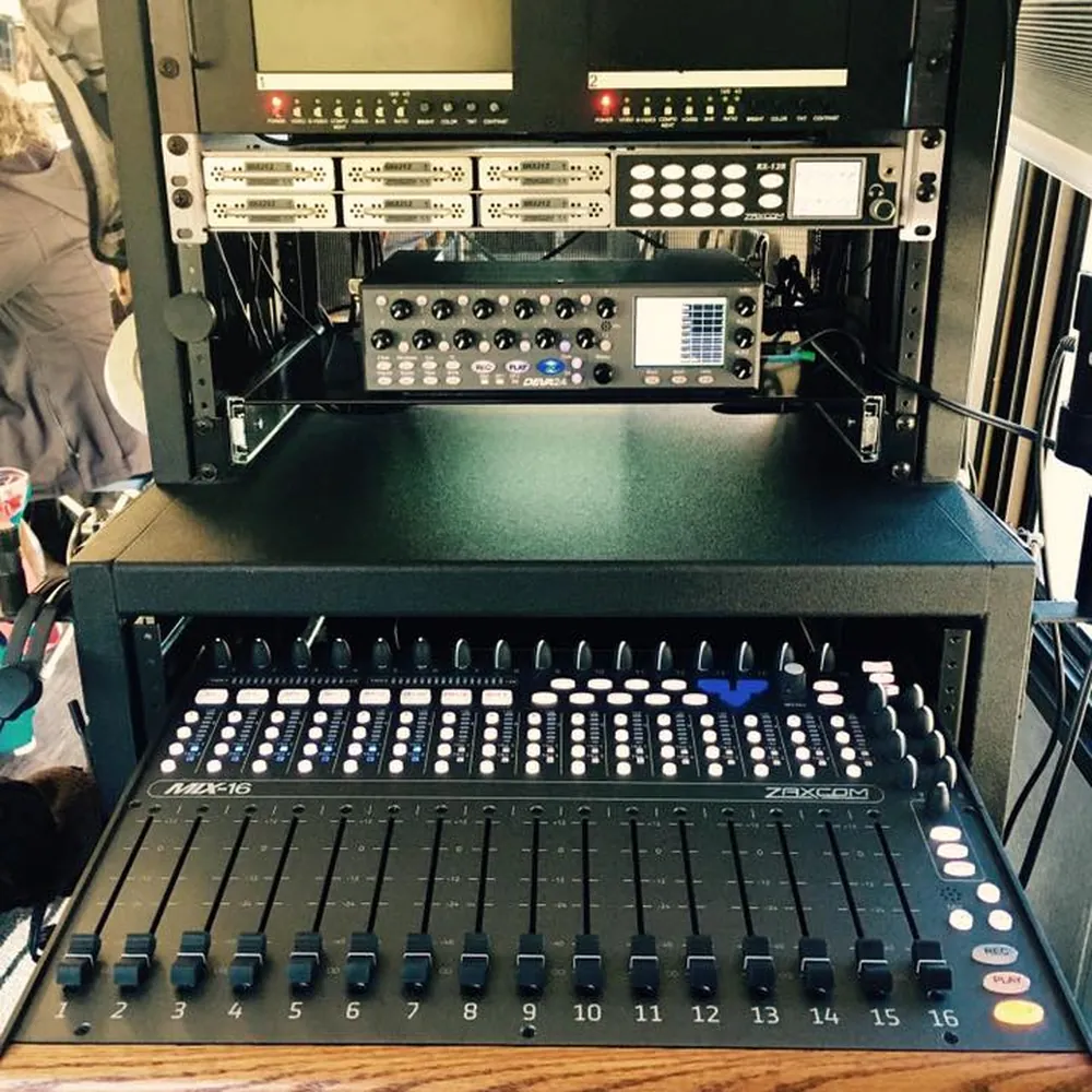Zaxcom Mix-16 Control Surface: The Mix-16 on a production sound cart.
