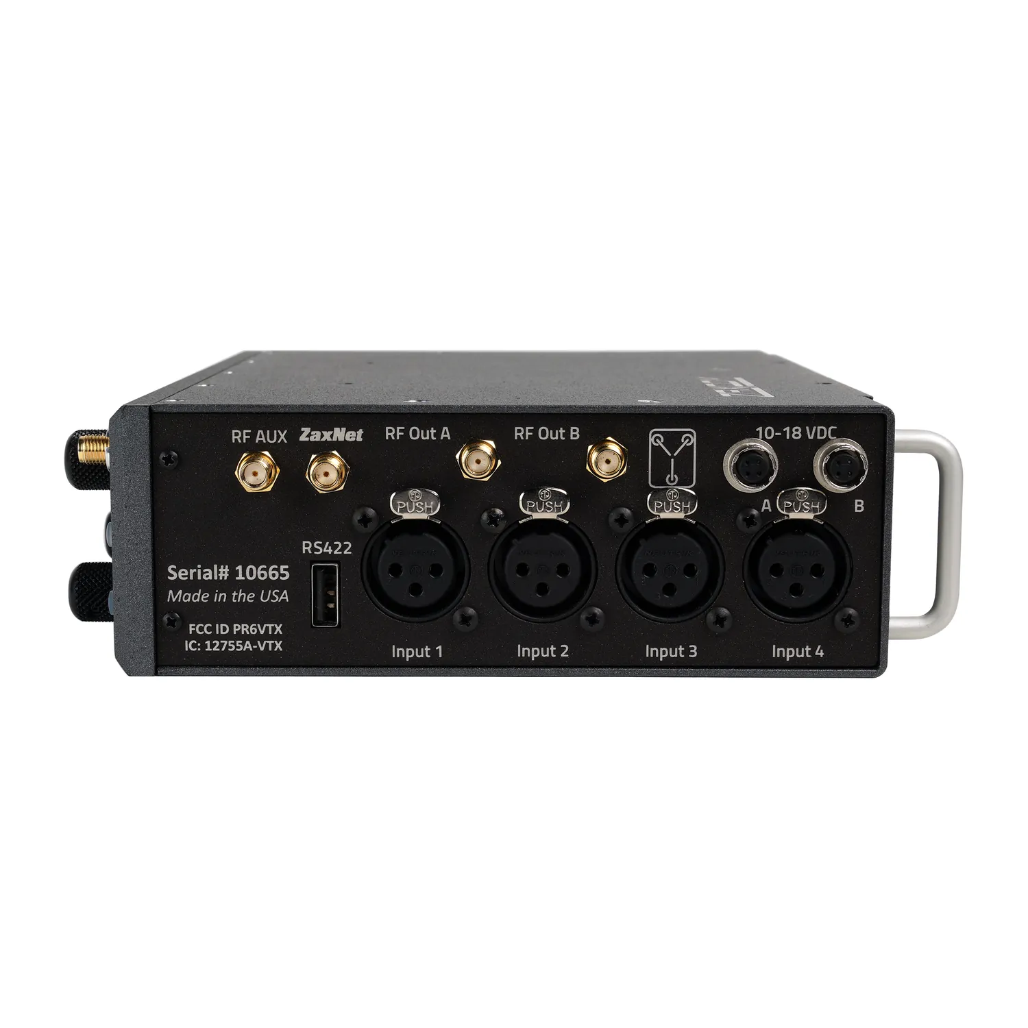 Zaxcom Nova 2 Mixer/Recorder: The Nova 2-V from its input side, with its four XLR inputs and the antenna connectors on top.