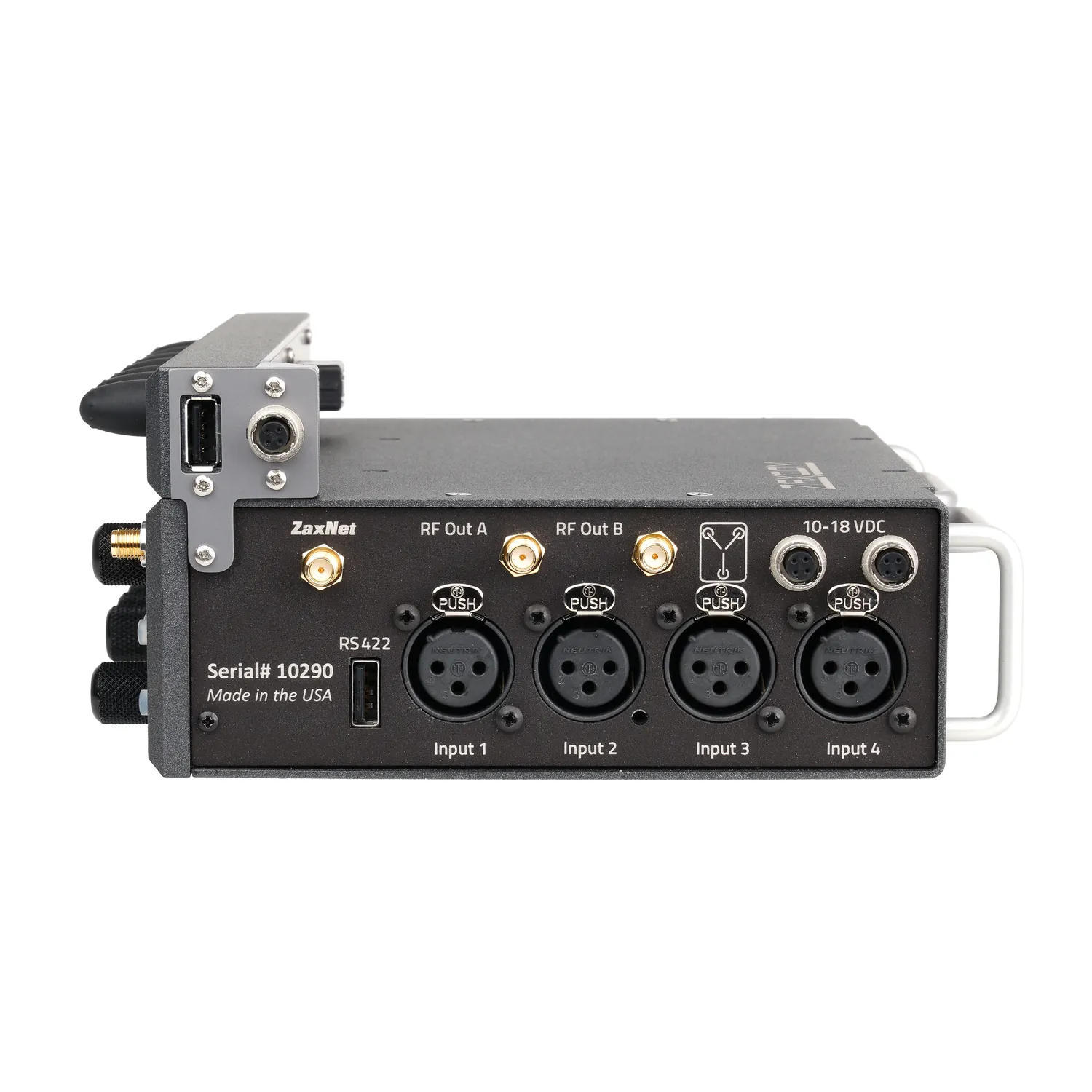 Zaxcom Nova FP7 Fader Extension Panel: The Nova with the FP7 attached, from the right.