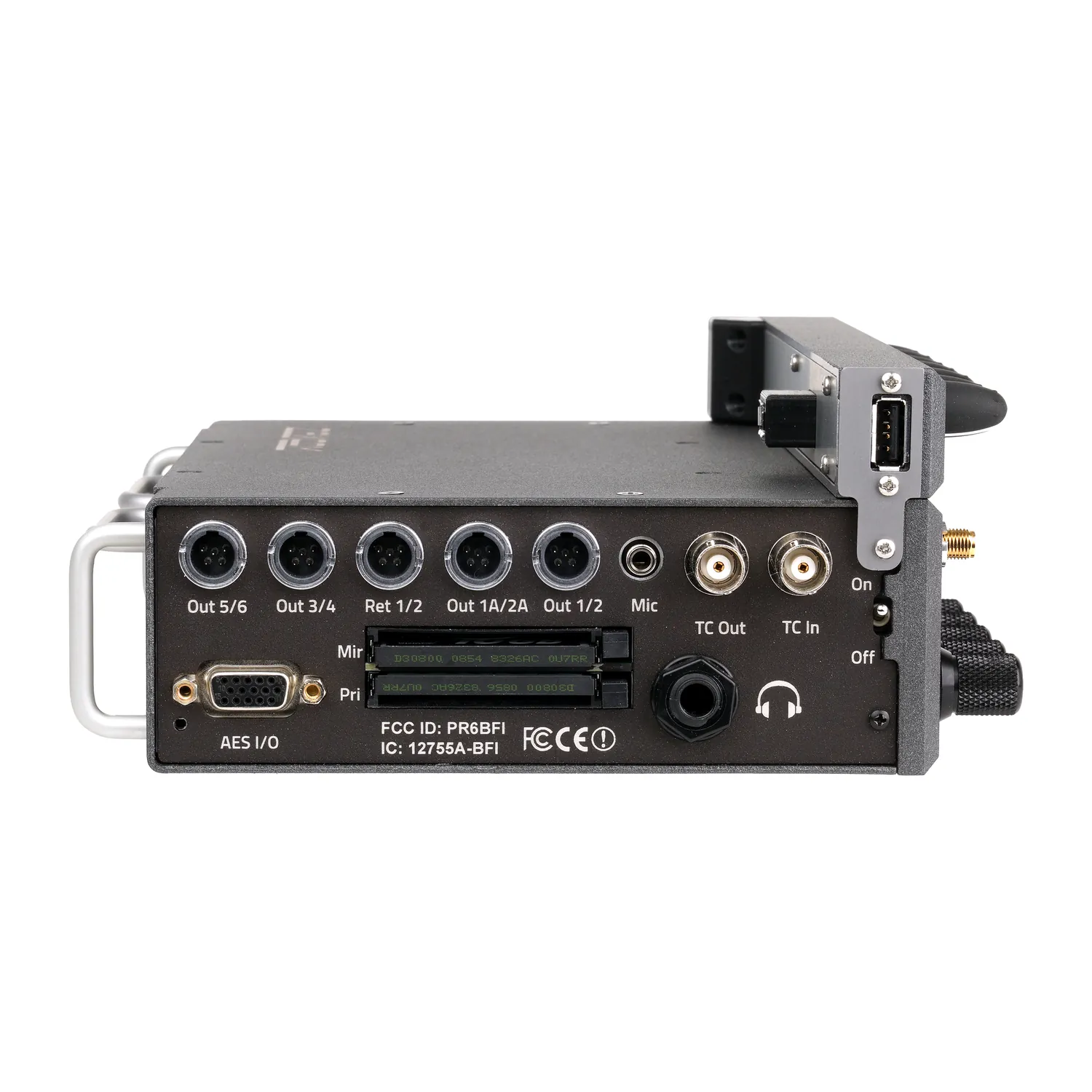 Zaxcom Nova FP7 Fader Extension Panel: The Nova with the FP7 attached, from the left.