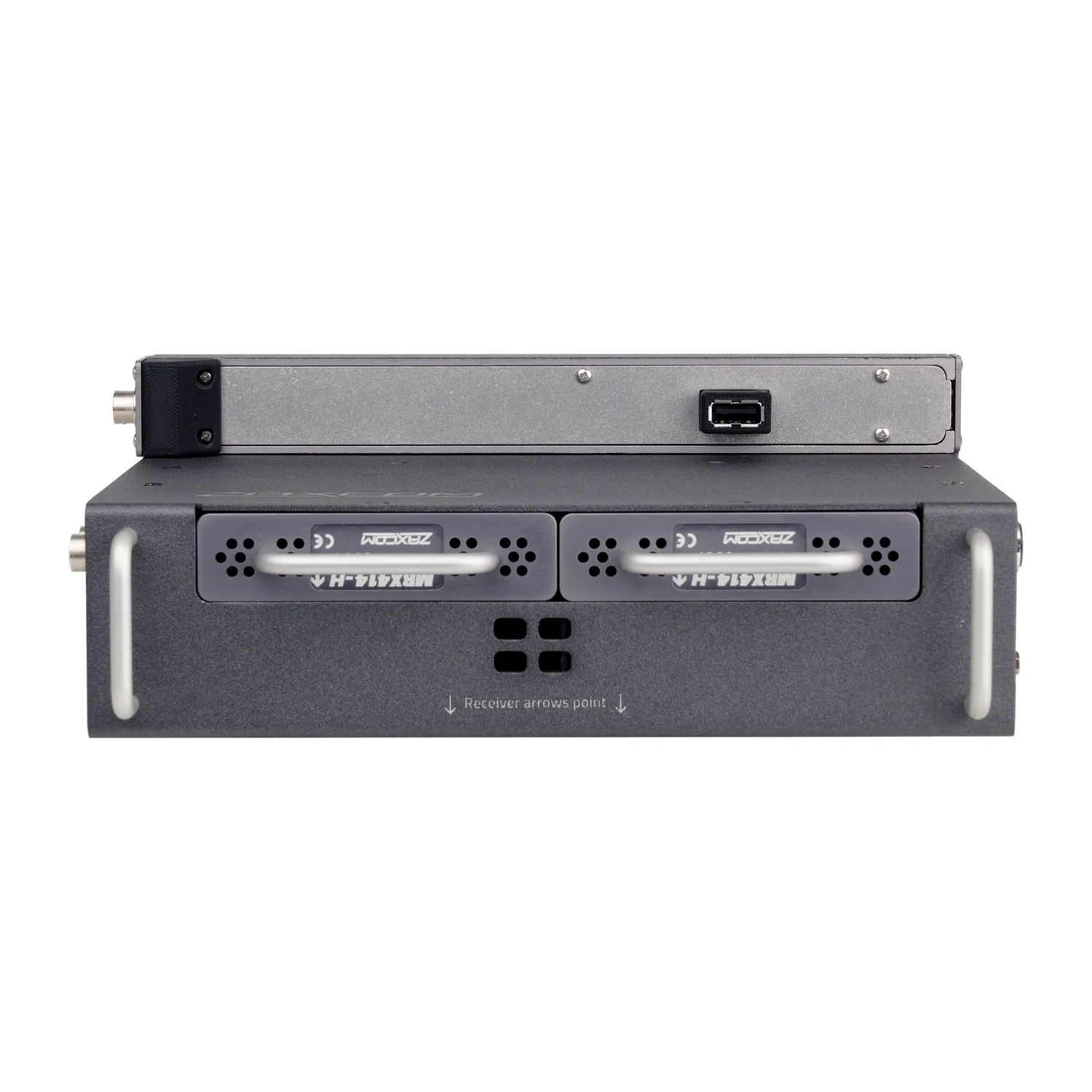 Zaxcom Nova FP7 Fader Extension Panel: The back of the Nova with the FP7 attached, with the FP7's keyboard port.