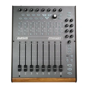 Zaxcom Oasis Mixing Panel: The Oasis from above, with its eight faders, trims, keys, and wood end trim.