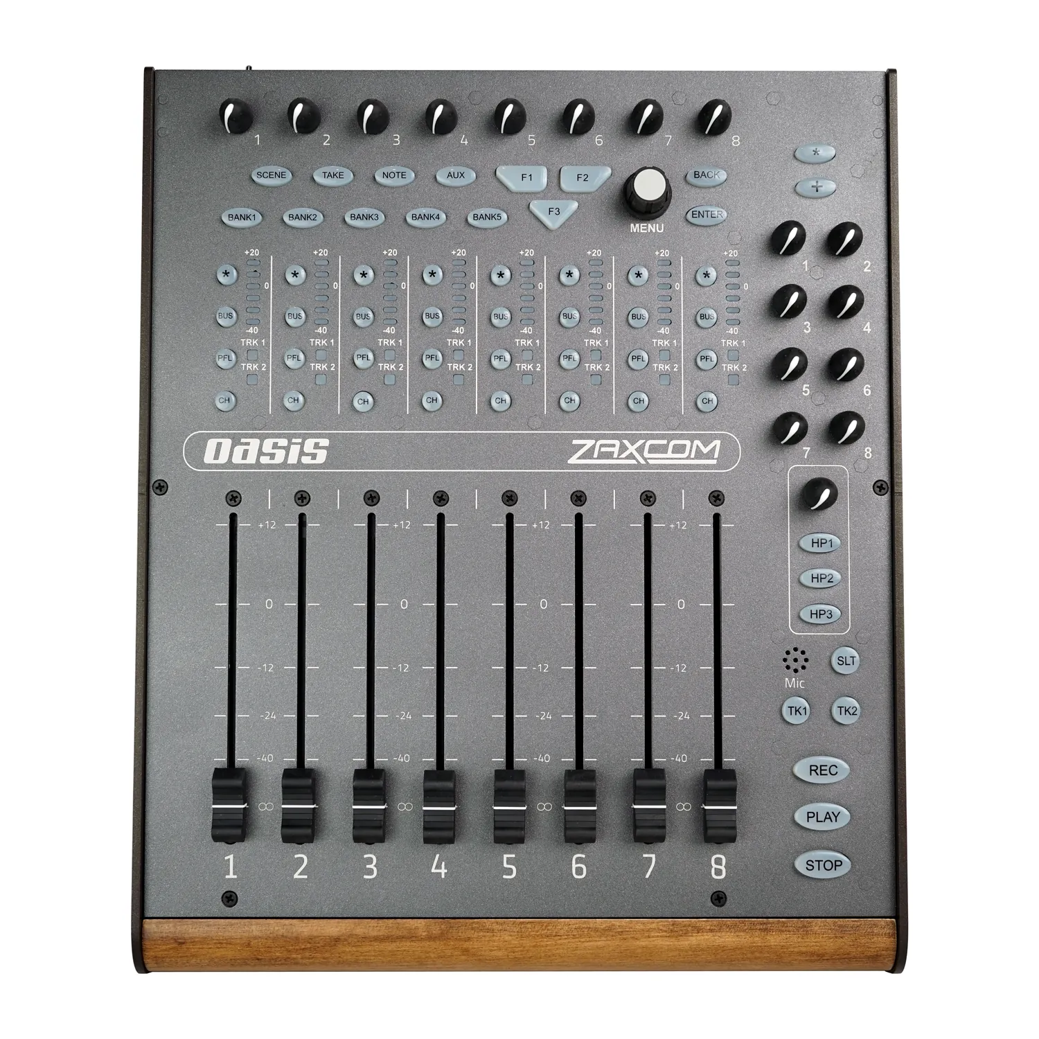 Zaxcom Oasis Mixing Panel: The Oasis from above, with its eight faders, trims, keys, and wood end trim.