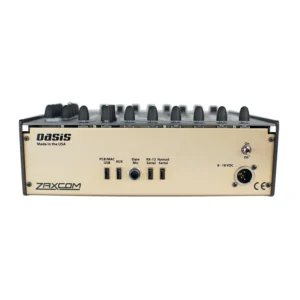 Zaxcom Oasis Mixing Panel: The back of the Oasis, with its USB, serial, and 4-pin XLR power connectors.