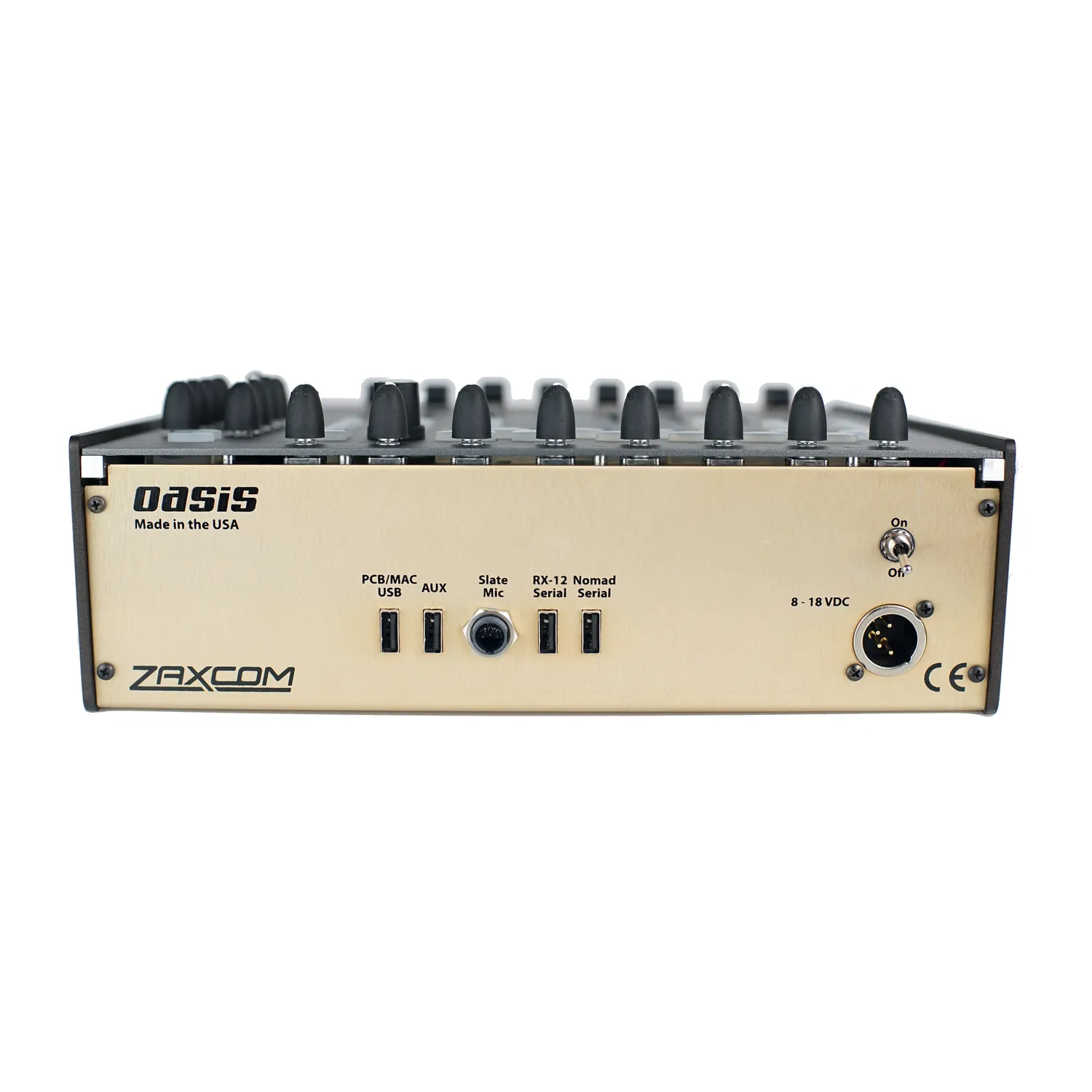 Zaxcom Oasis Mixing Panel: The back of the Oasis, with its USB, serial, and 4-pin XLR power connectors.