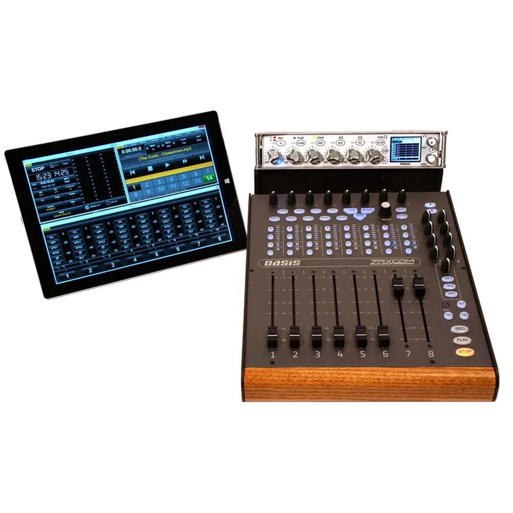 Zaxcom Oasis Mixing Panel: The Oasis beside a tablet showing its graphical interface.