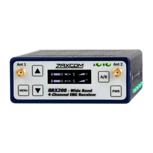 Zaxcom QRX200 200 MHz Digital Wideband Receiver: The QRX200 front panel, with its display, buttons, and two antenna connectors.