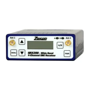 Zaxcom QRX200 200 MHz Digital Wideband Receiver: The QRX200 front panel at a slight angle.