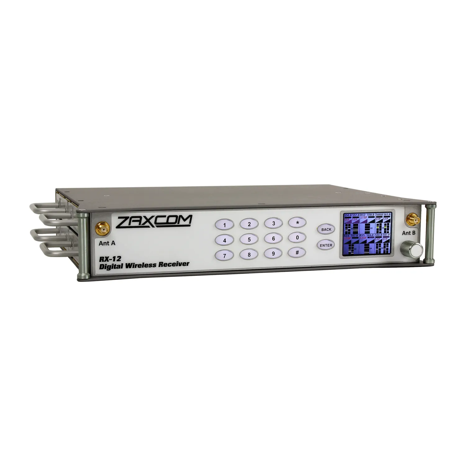 Zaxcom RX-12 Digital Wireless Receiver: The RX-12 at an angle, with its keypad, color display, and antenna connectors.