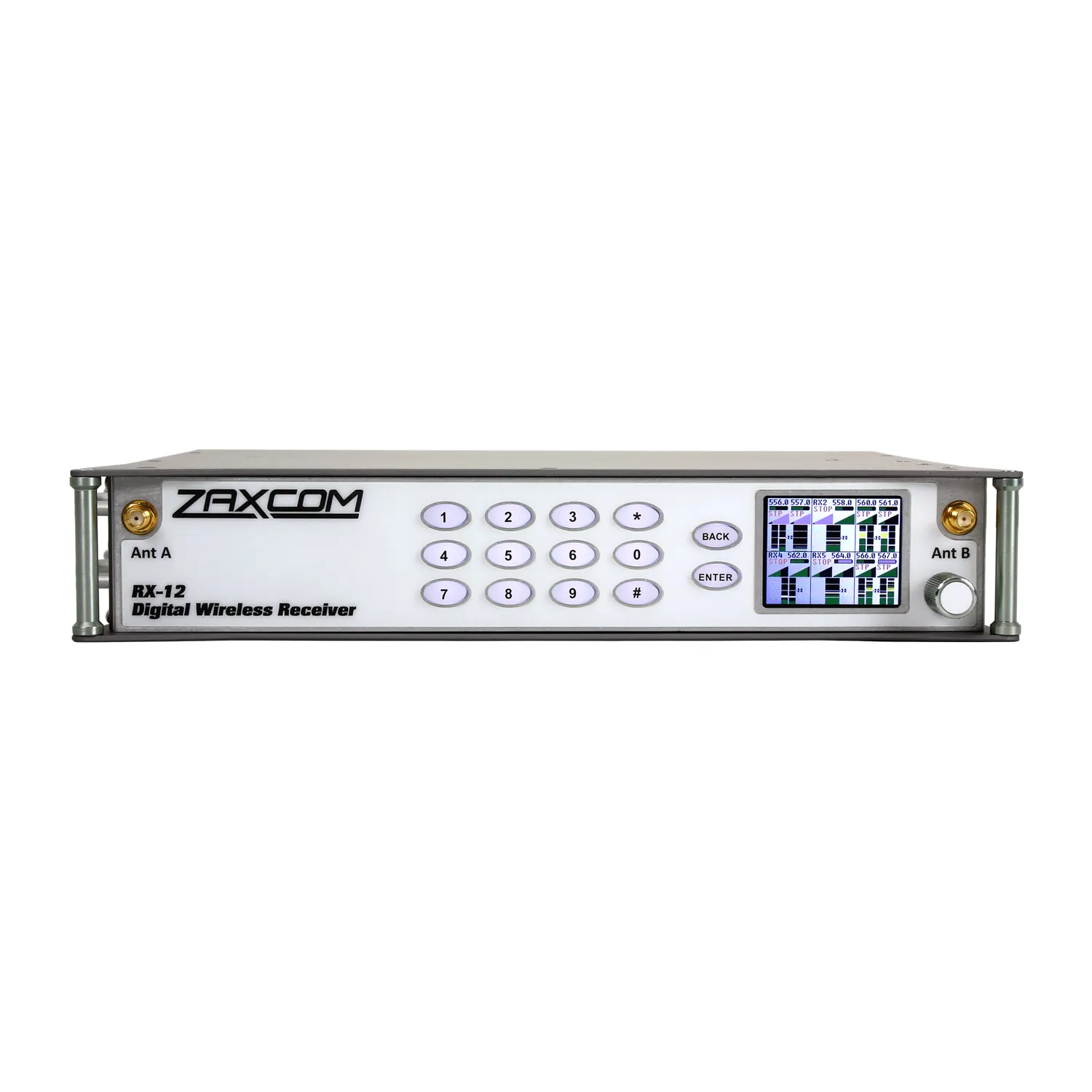 Zaxcom RX-12 Digital Wireless Receiver: The RX-12 front panel straight on.