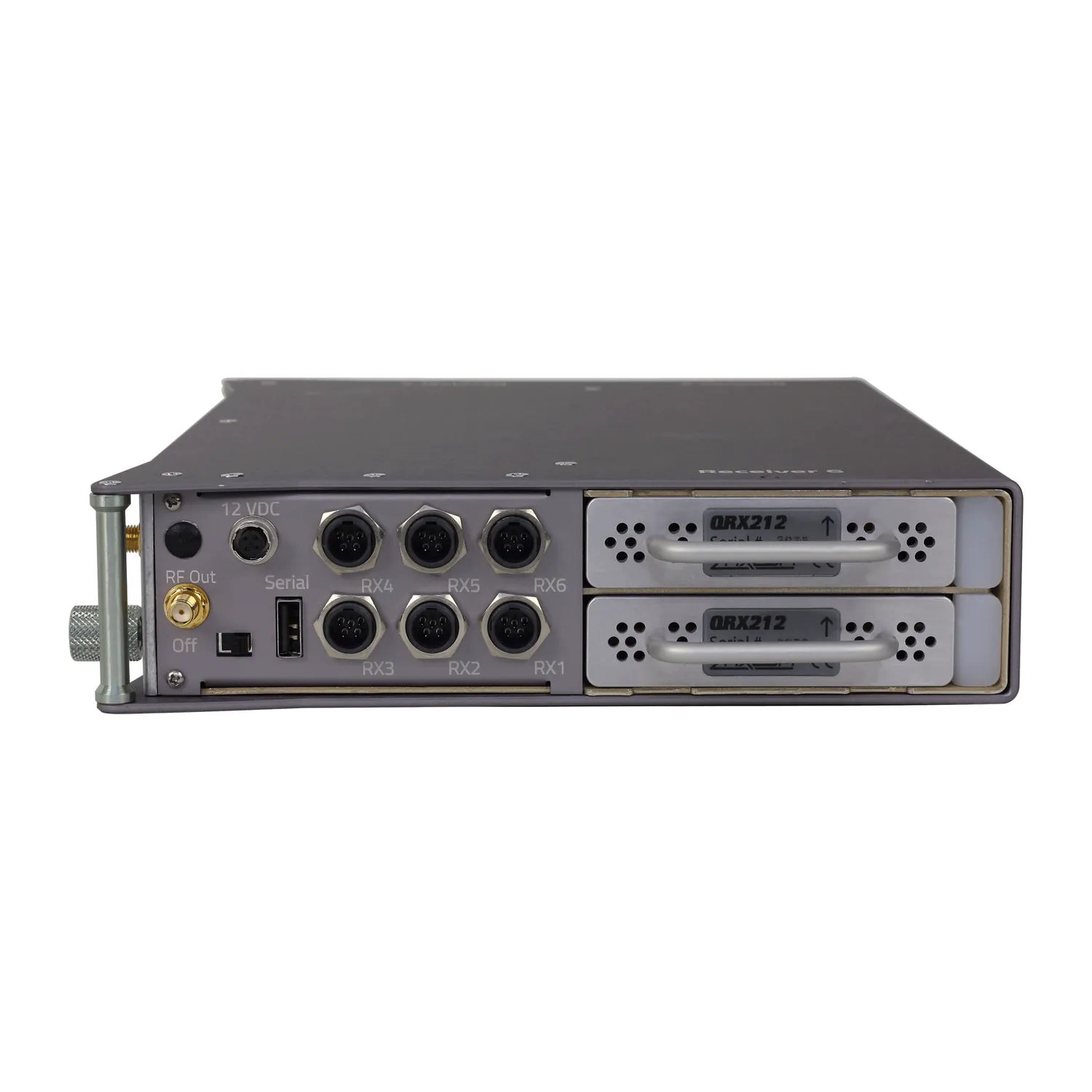 Zaxcom RX-12 Digital Wireless Receiver: The RX-12 connector side, with its TA5 outputs and receiver modules in place.