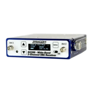 Zaxcom RX200 Compact Battery Powered ENG Receiver: The RX200 front panel at an angle, with its display, buttons, and two antenna connectors.