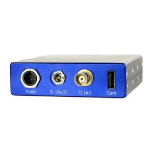 Zaxcom RX200 Compact Battery Powered ENG Receiver: The RX200 rear panel, with its audio, 6 to 18 V DC, TC Out, and Com connectors.