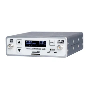 Zaxcom TRXCL5 Wide-Band Camera Link Transmitter: The TRXCL5 front panel straight on.