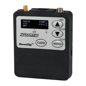 Zaxcom TRXLA5 Bodypack Transmitter: The TRXLA5 from the front, with its display and its REC, Stop, Play, Menu, and Card buttons.