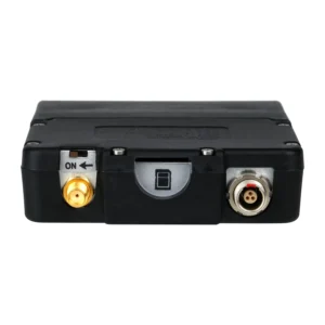 Zaxcom TRXLA5 Bodypack Transmitter: The top of the TRXLA5, with its SMA antenna connector, power switch, microSD card slot, and LEMO input.
